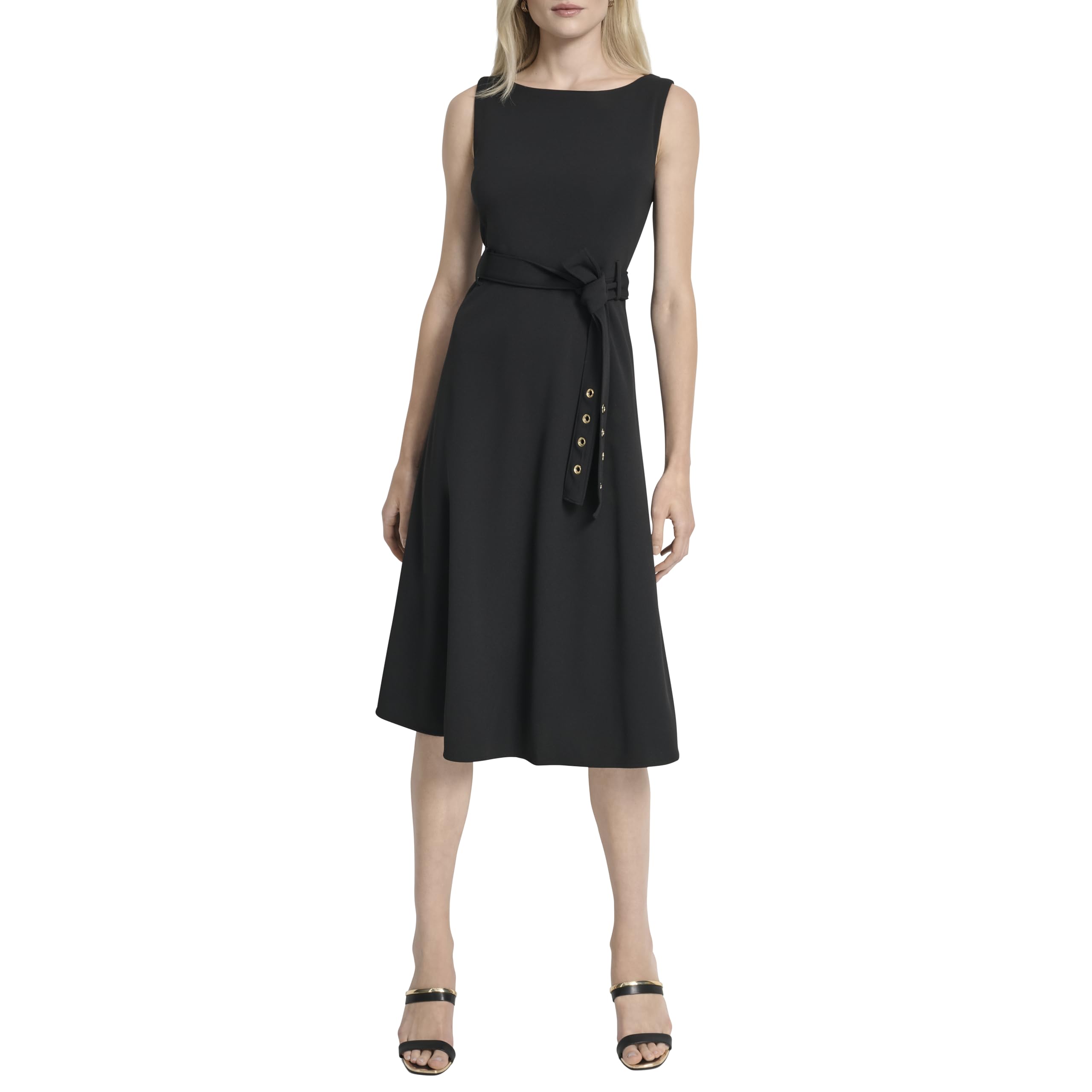 DKNY Women's Sleeveless Jewel Neck Scuba Crepe Removable Belt Midi Dress