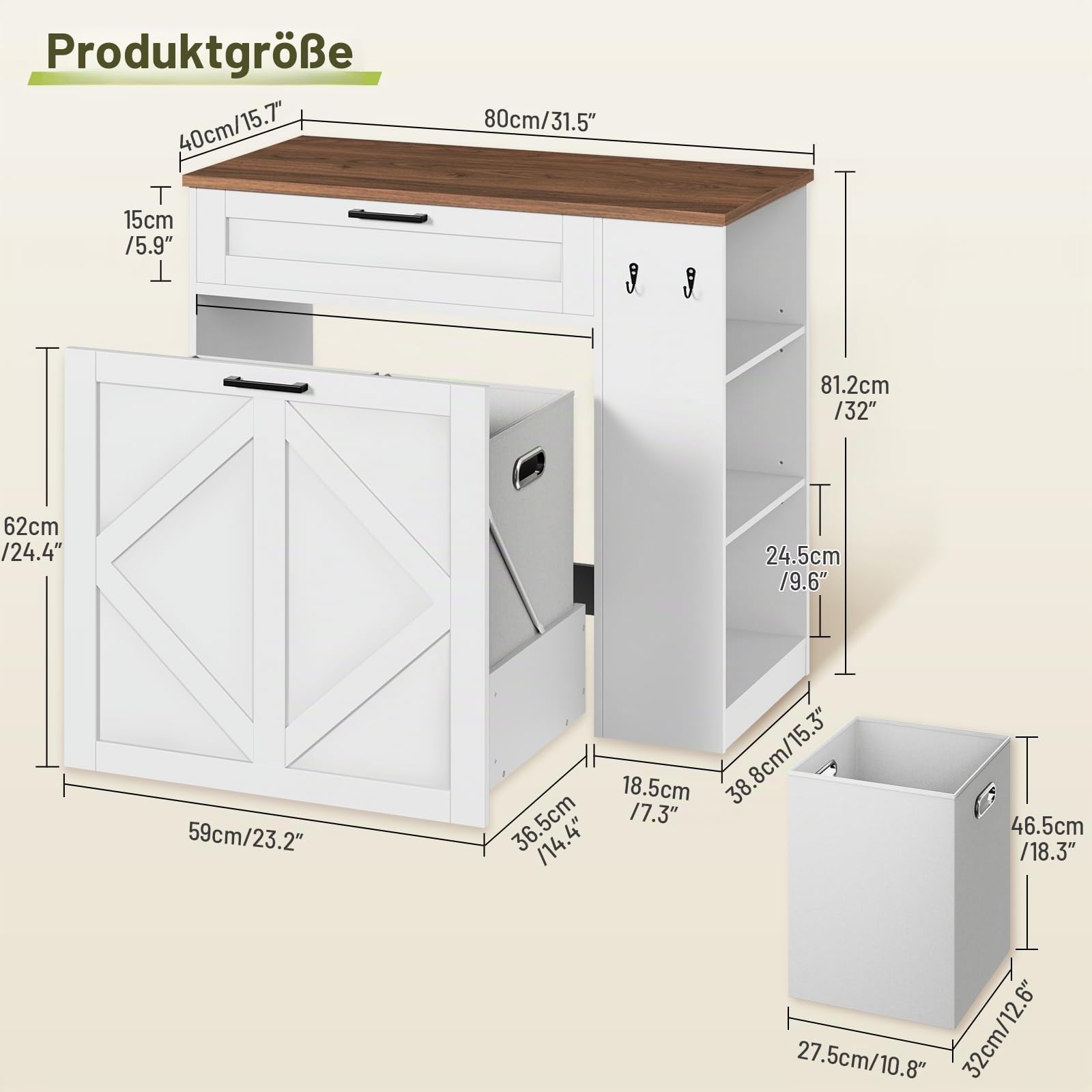 Wäscheschrank, Badschrank mit 2 ausziehbaren Wäschekörben, Staufach, Schublade, verstellbaren Einlegeböden und Haken, für Bad, Waschküche und Küche, Weiß und Walnuss