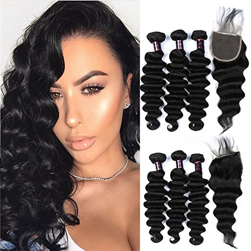 Usheen Hair Lace Closure with Bundles Brazilian Virgin Hair Loose Deep Wave with Closure Loose Wave Bundles with Closure Human Hair Bundles with Closure 10 12 14 with 10 Inch Closure Free Part