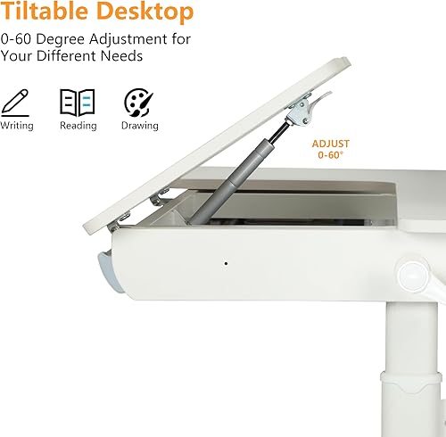 Miniatura 20 de FCD Escritorio ergonómico de madera de altura ajustable para niños con silla, mesa de dibujo, estación de computadora, estantería integrada