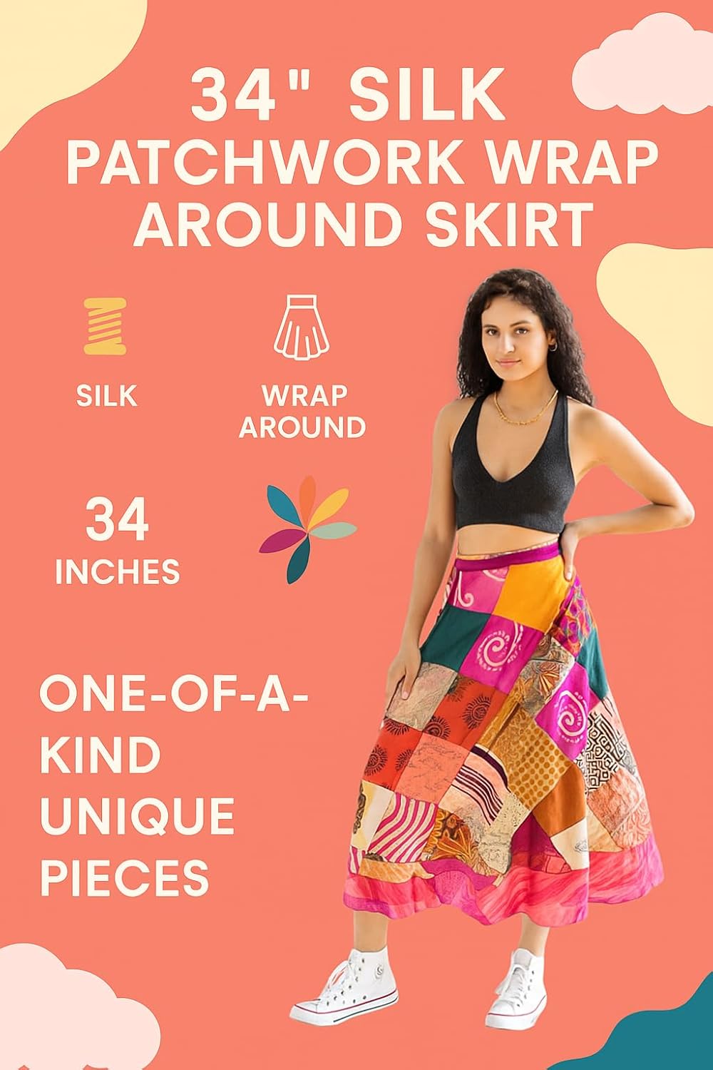 RAJBHOOMI HANDICRAFTS Silk Vintage Patchwork Wraparound Long Skirt - Women's Long Maxi Skirt Boho Skirts Summer Skirts for Women Boho Colorful Maxi Multicolor - Image 4