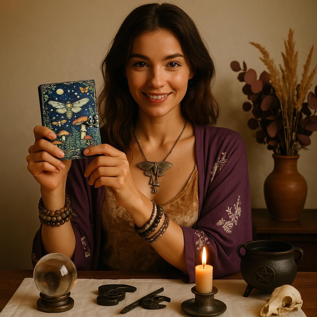 Urooj Handicraft Grimoire Vintage Mushroom leather journal, Handmade Antique Deckle Edge Paper Spell Book of Shadows Sketchbook Gifts