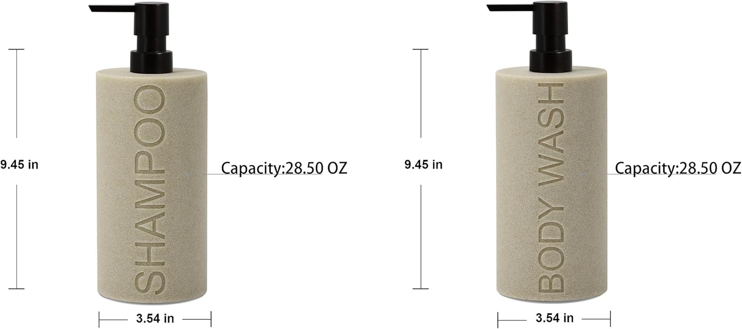 Resin 2 Pack Shampoo, Conditioner or Body Wash Dispenser Set, Luxurious Refillable Pump Bottles with Matte Pump Top and Embossed Text, Durable Design for Bathroom and Shower