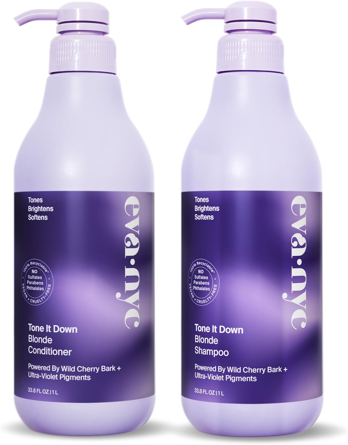 Eva NYC Tone It Down Blonde Shampoo and Conditioner Set, Moisturizing Purple Shampoo and Conditioner for Eliminating Brassy & Yellow Tones, Vegan Hair Shampoo and Conditioner, Pack of 2, 1L