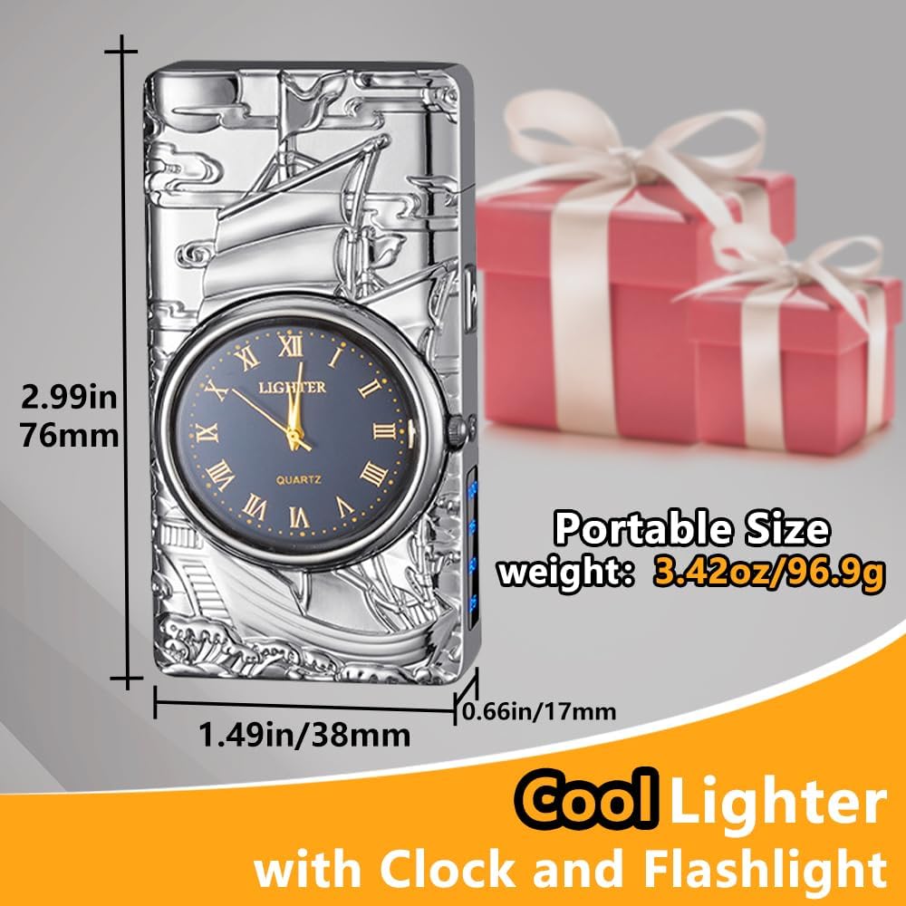 Watch Lighter Dual Arc Plasma Electric Lighters USB Rechargeable Lighters with LED Battery Display Cool Lighter with Clock & Flashlight,Unique Gift for Men and Women (Boat Silver)