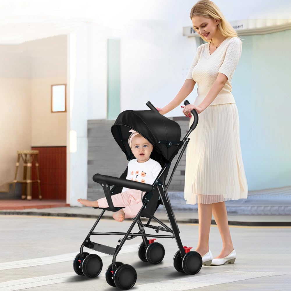 Cochecito de caña compacta Ingenious,Cochecito de caña de bebé de 0 a 4 años, cochecito compacto y ligero viaje, cochecito de 4 ruedas, capota en tres partes, con mosquitera- negro