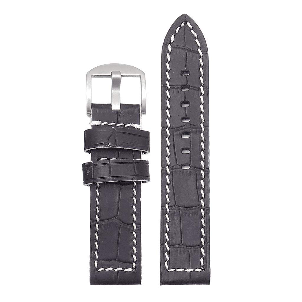 DASSARI Flash Thick Crocodile Embossed Rally Leather Watch Band Strap with Contrast Stitching - Black & White - 22mm