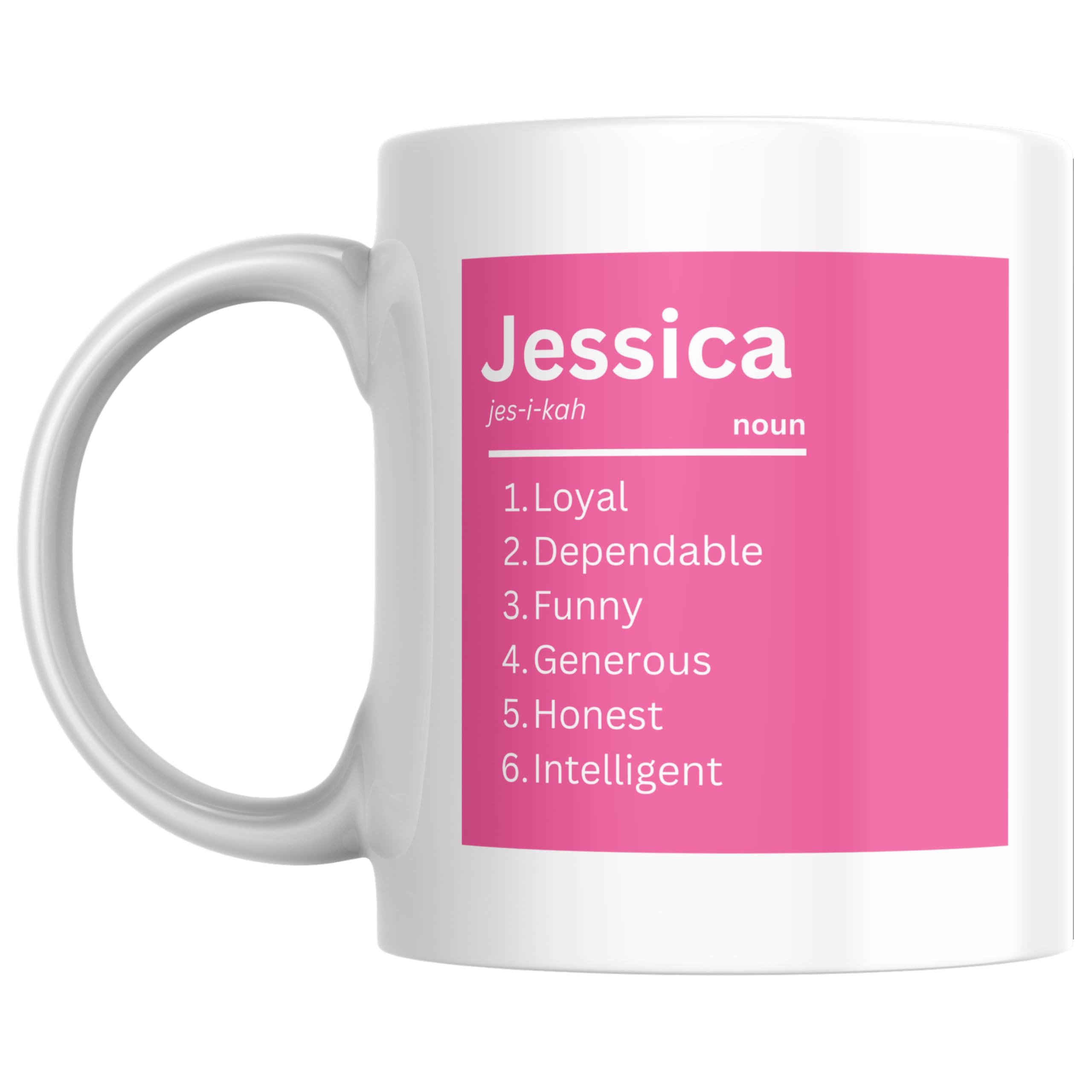 Designs of note! Jessica Definition Mug | Funny Personalised Name Meaning Coffee Cup for Her | Novelty Gift for Women or Girls Called Jessica (Pink)