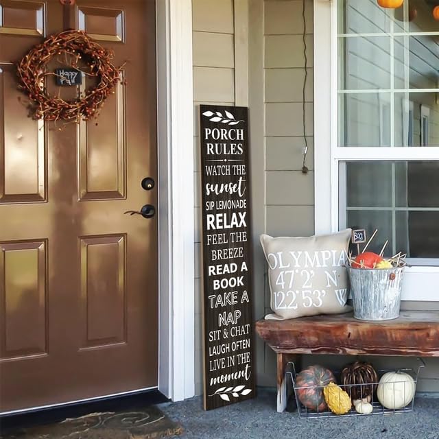 Porch Rules Welcome Porch Board Sign and Porch Leaner for Front Door Porch Deck Patio or Wall, Wooden Porch Welcome Sign, Farmhouse Rustic Vertical Porch Wall Decor 8inx48in