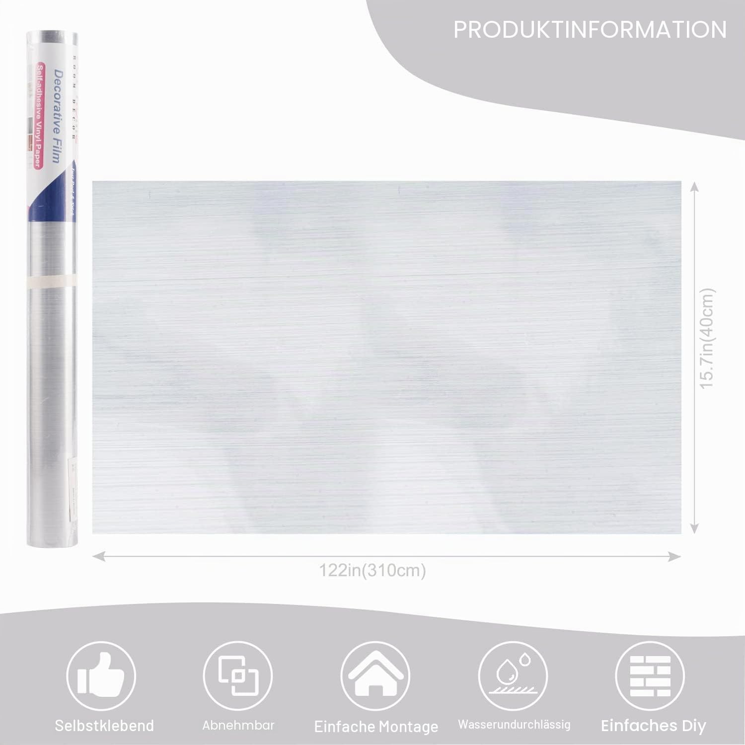 Arthome Gebürstetes Silber Klebefolie Möbel Tapete,40cmx3m Selbstklebende Tapete Wasserdichtes PVC Vinyl Möbelfolie, Klebefolie Papier für Möbelabdeckung, Arbeitsplatte, Küche, Regalauskleidung