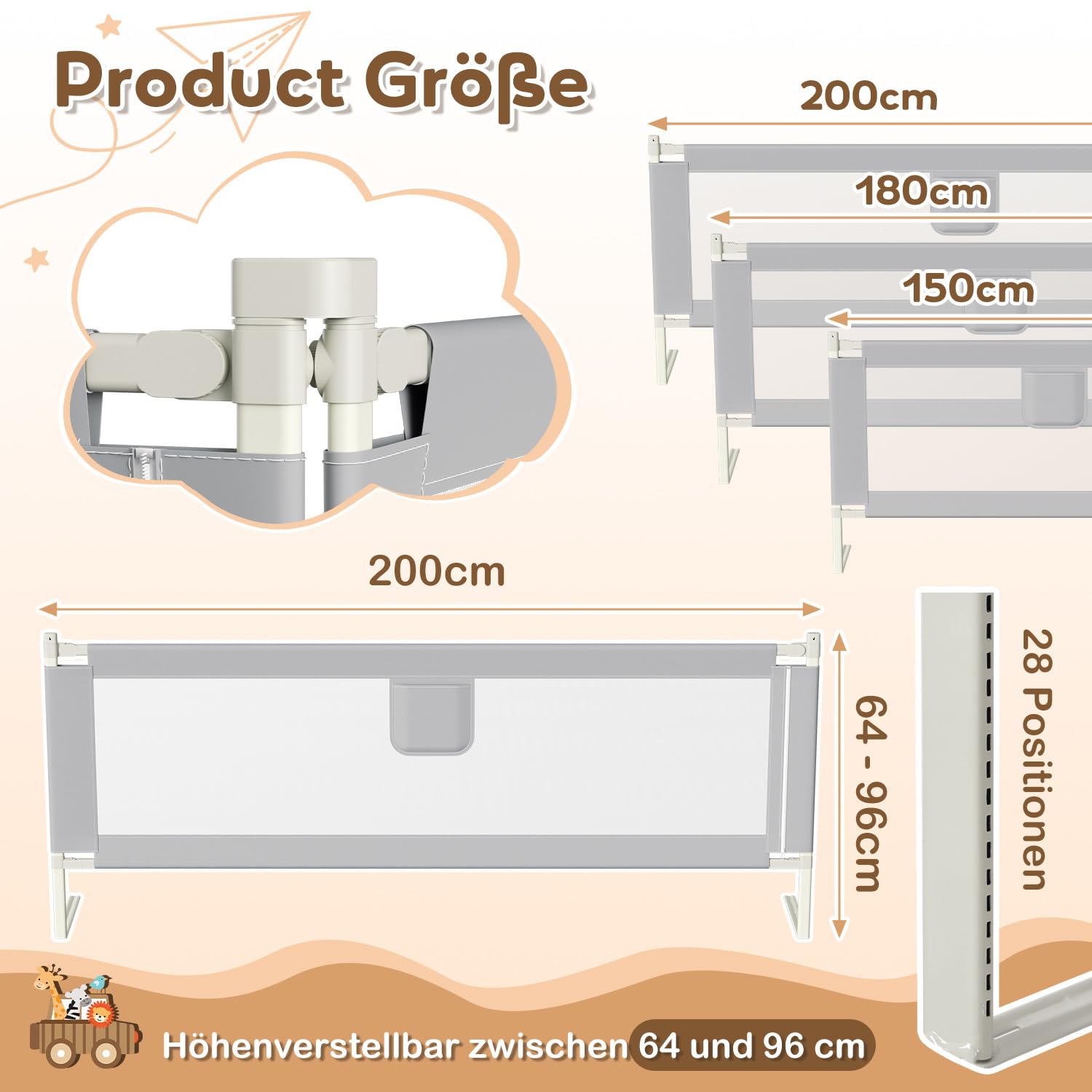 1x180CM+2x200CM Barriera per letto, Barriera pieghevole per letto per bambini, Protezione per letto per bambini per prevenire le cadute, Barriera per bambini piccoli, Facile da montare, Grigio