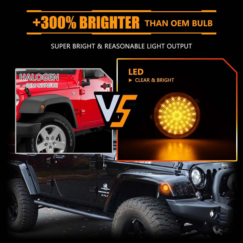 OFFKAT Front Fender LED Side Marker Lights for 2007-2019 Je-ep Wrangler JK, JK Clear Lens Side Bumper Marker Lamps, [Ultra-Bright] Amber LED Side Markers Turn Signal Lights, 2 PCS