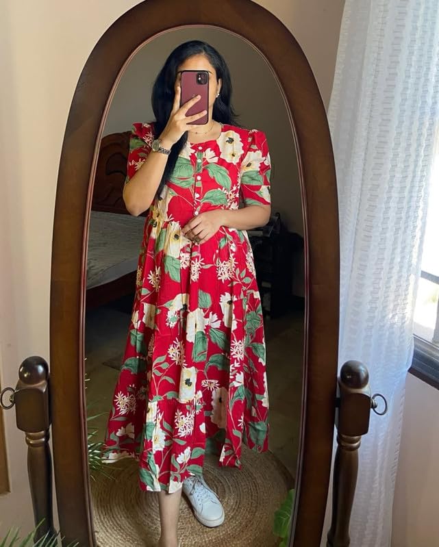 Image of Floral Midi Dress for Women - Summer Boho Dress, Lightweight & Breathable, Elegant Floral Print, Casual & Vacation Outfit, Comfortable Flowy Dress for Women