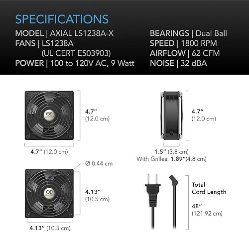 Miniatura 6 de AC Infinity AXIAL LS1238, ventilador silencioso para muffins, 120 V CA 4.724 in x 1.496 in de baja velocidad, certificado UL para proyectos de
