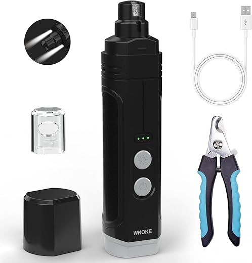 Wnoke Pet Nail Grinder for Small, Medium, and Large Dogs with Nail Clippers Set – Low-Noise Dog/Cat Nail Grinder with LED Light – Rechargeable Cordless Pet Nail Grinder, Black