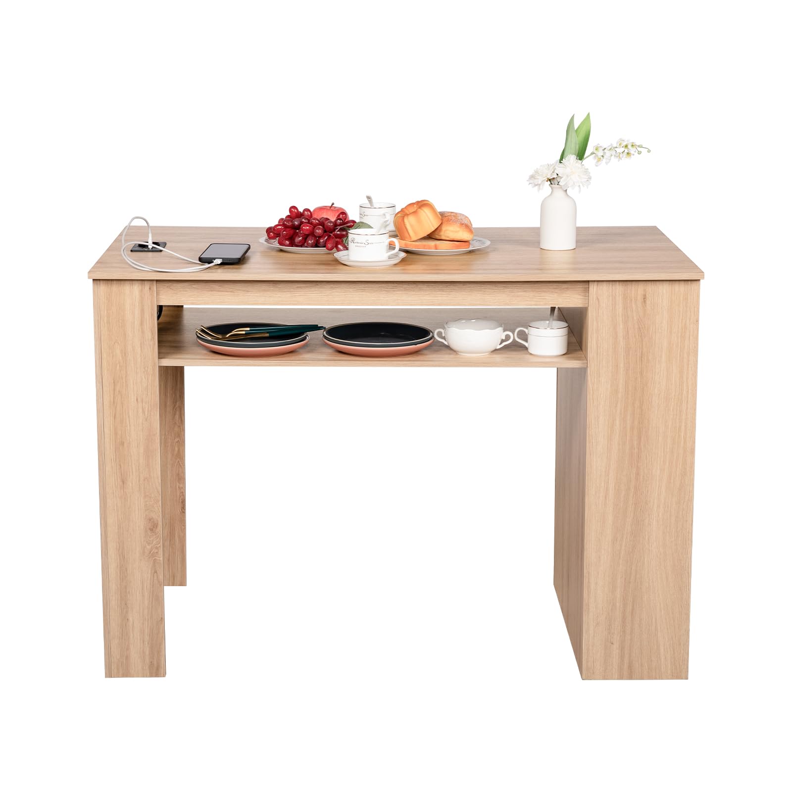 EGGREE Esstisch mit 2 Stühlen Essgruppe, Bartisch Set, Schreibtisch mit AC-Steckdosen und USB-Anschlüssen, 111cm Küchentisch mit 4 Ablagen für Wohnzimmer, Küche(Eichentisch+2 Grau Stühle)