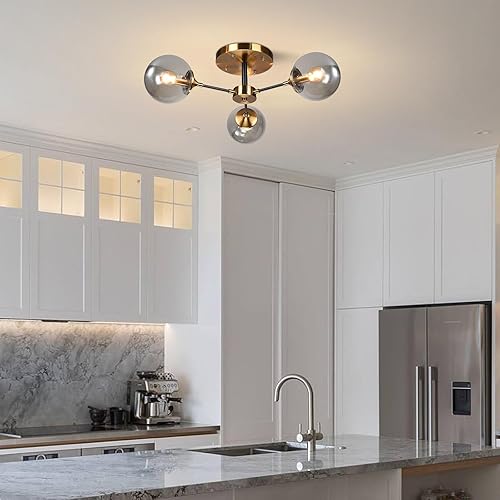 Miniatura 9 de KCO Lighting - Lámpara de techo moderna de 3 luces con globo de cristal empotrado de mediados de siglo, negro mate y dorado, lámpara de araña