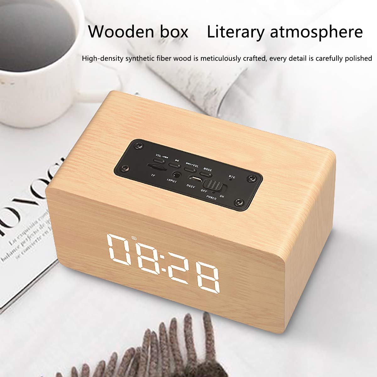 Bluetooth Speaker, Orologio con Sveglia, Legno High-End, ad Alta Definizione Bass, Radio FM, Microfono Incorporato, Riproduzione Carta di TF, LED Iarge Screen Display,Brown-OneSize
