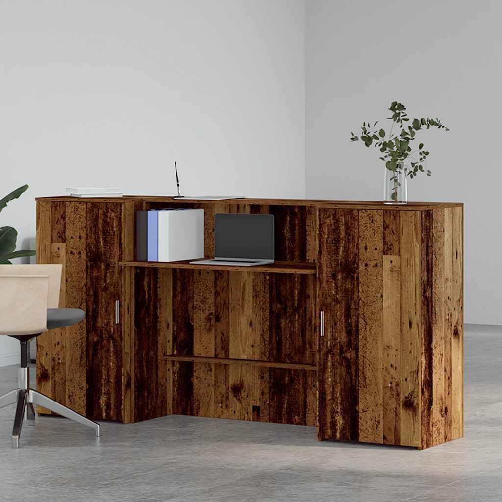 Banco reception in legno anticato 200 x 50 x 103,5 cm, in legno con banconi e spazio di archiviazione, ideale per ufficio e pratica