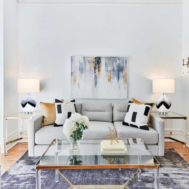 QiMH Glass Table Lamp for Living Room, Chinoiserie Bedside Traditionl Lamp for Bedroom, Blue & White Nightstand Lamp for Home Office Bookcase (LED Bulb Included)