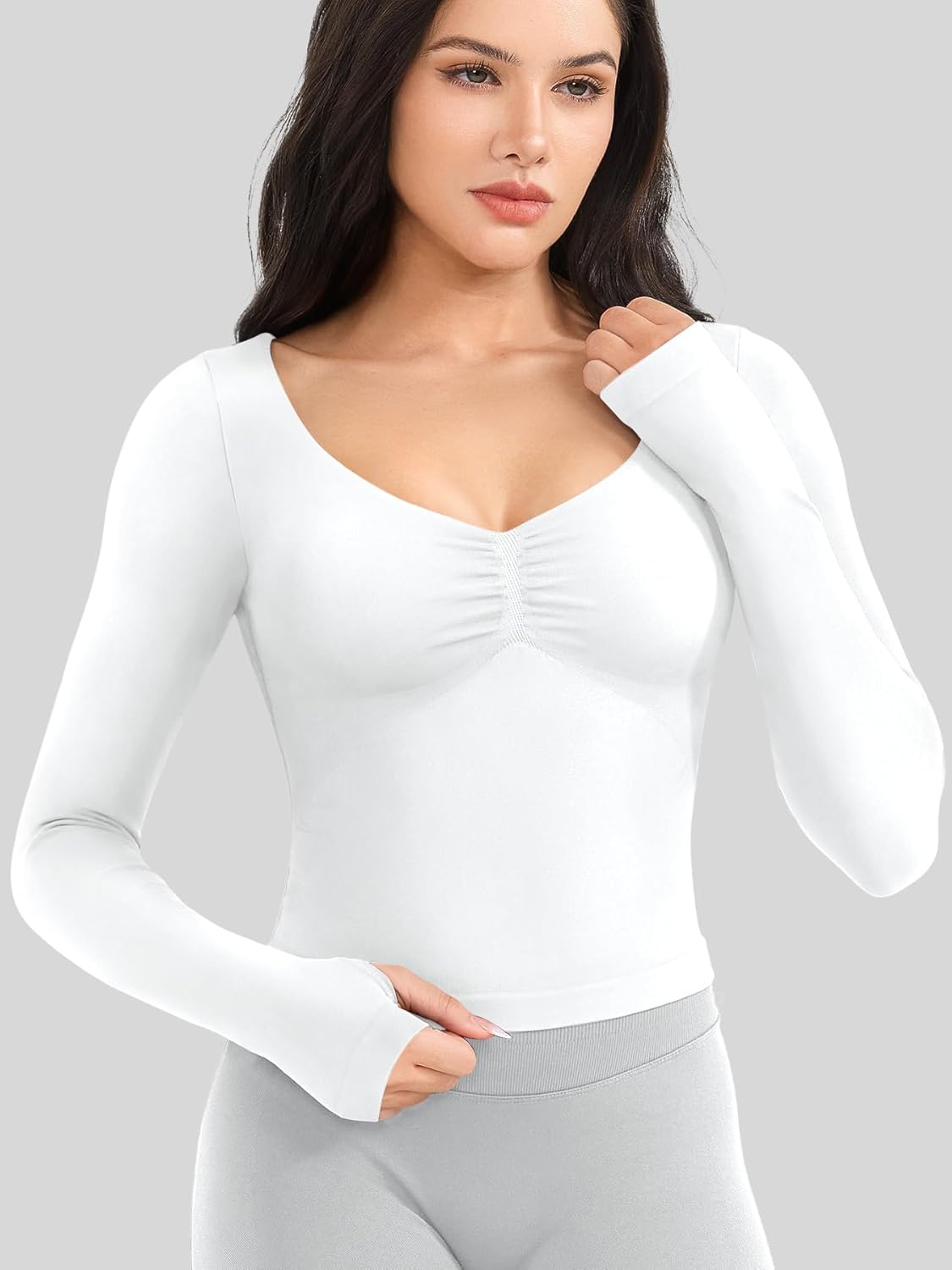 YEOREO Long Sleeve Workout Tops for Women Padded Deep V Neck Double Lined Impact Tops Agniee Slim Fit Gym Athletic Shirts - Image 4