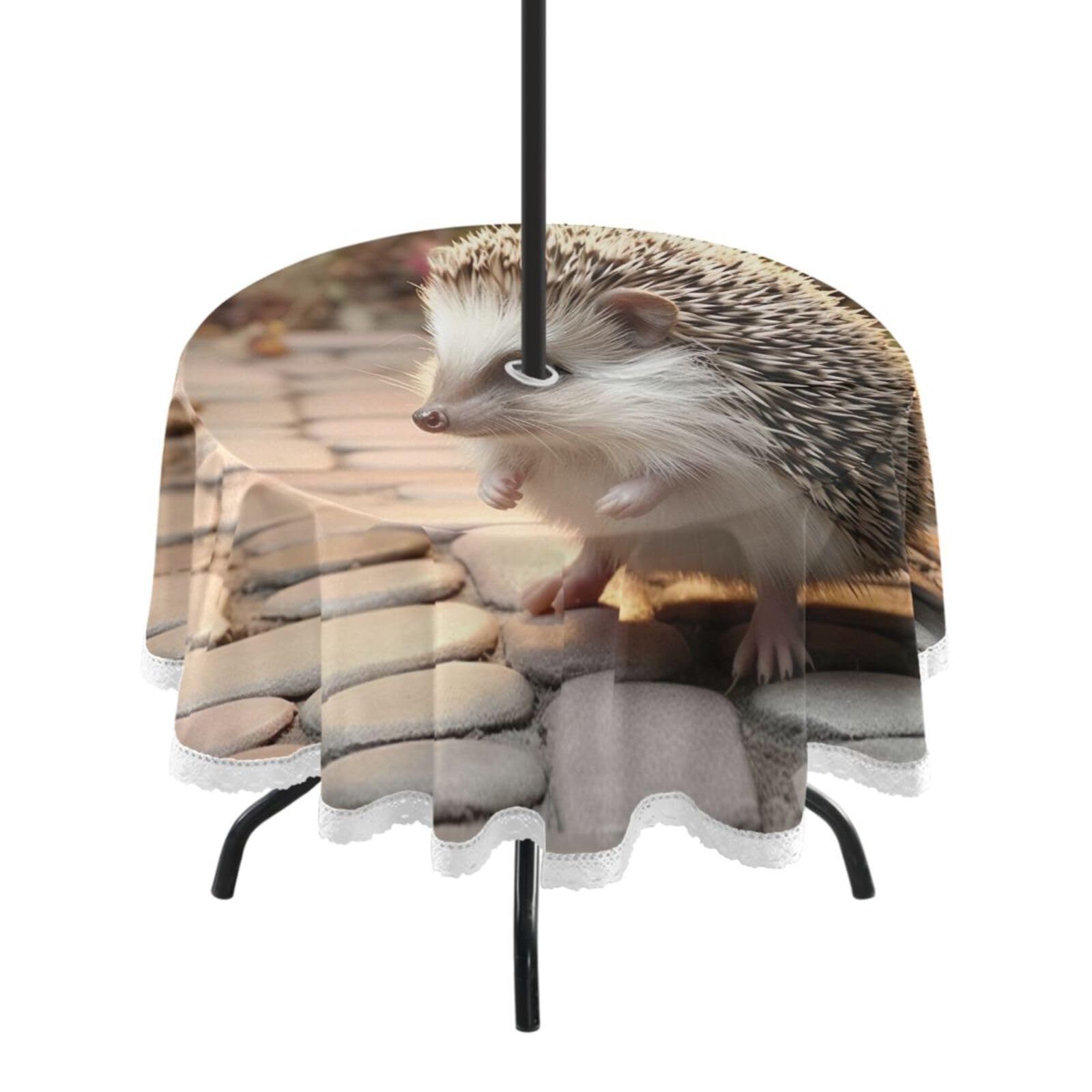 Wajiw 60 Inch Indoor Outdoor Round Tablecloth with Umbrella Hole and Zipper Waterproof Patio Table Cover for Camping Dining Room Party Outdoor Picnic,Hedgehog