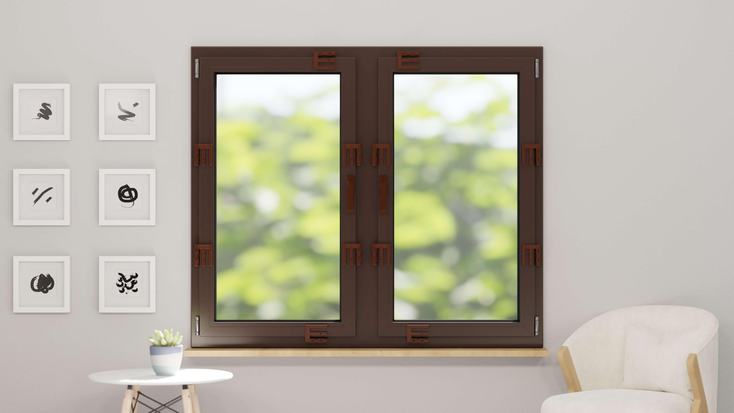 EM3 Sepiabraun, Fenstersicherung für Fenster oder Türen aus Kunststoff/Holz/Aluminium, Einbruchschutz DIN zertifiziert, hochwertiger massiver Stahl, Schutz gegen Einbruch, 2er Set