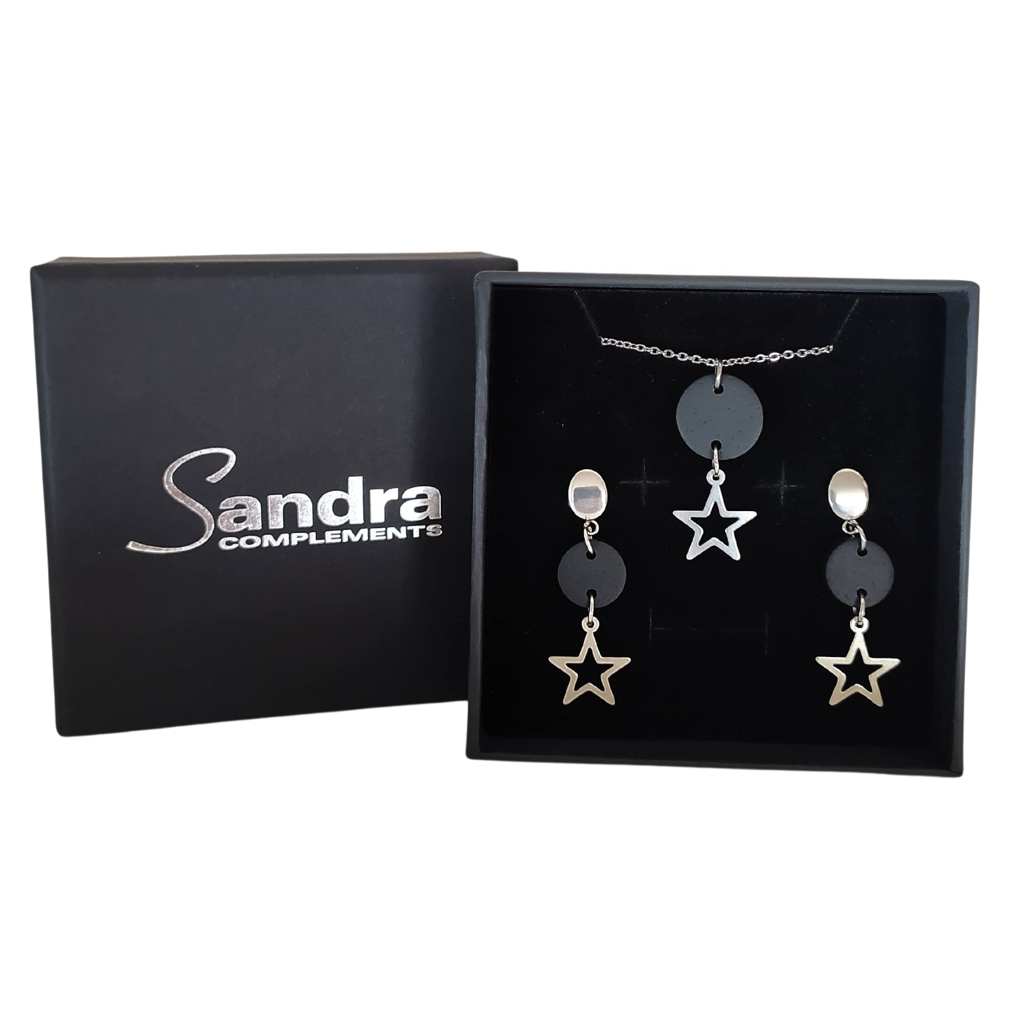 Pendientes estrella y Collar Estrella, Conjunto Estrella de collar y pendientes para mujer de acero inoxidable en color plata, Regalo original para Mujer