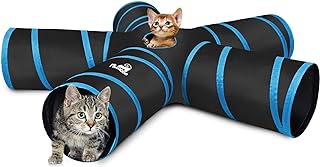 Pawaboo Cat Toys, Cat Tunnel Tube 5 Way Tunnels 25x40cm Extensible Collapsible Cat Play Tent Interactive Toy Maze Cat House with Balls and Bells for Cat Kitten Kitty Rabbit Small Animal, Blue