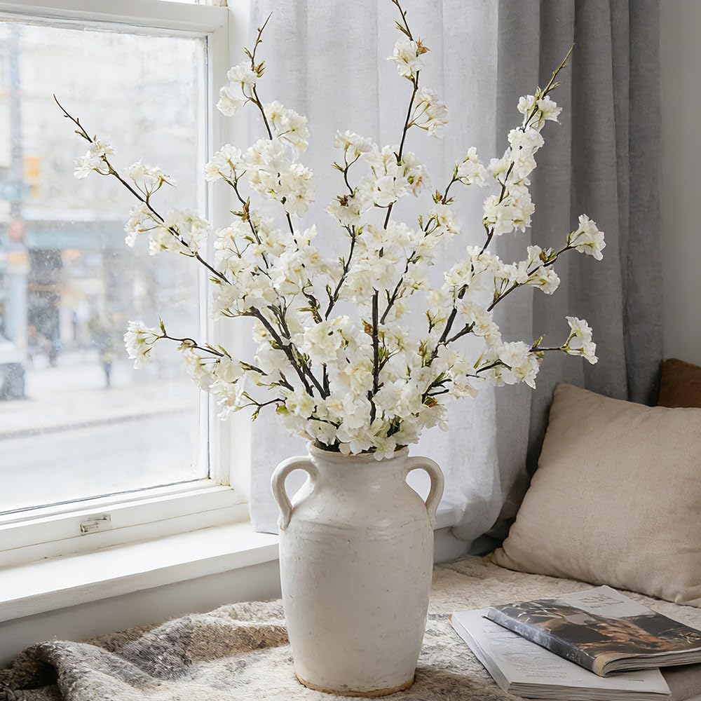 LESING Künstliche Kirschblütenzweige, künstliche Seide, Kirschblütenzweige, hohe Pfirsichblüten, Blumenarrangement für Hochzeit, Zuhause, Büro, Party, Dekoration, 4 Stück (weiß-1)