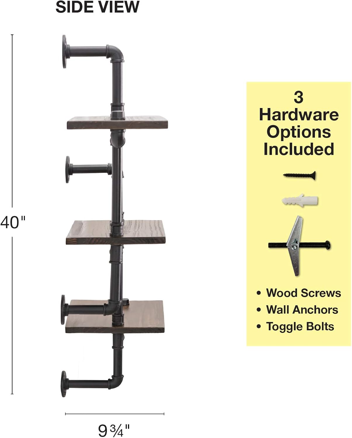 Excello Global Products 3-Tier Wooden Wall Ladder Floating Rustic Shelf 35"x40" With Iron Black Pipe Hardware For Bedroom, Kitchen, Office