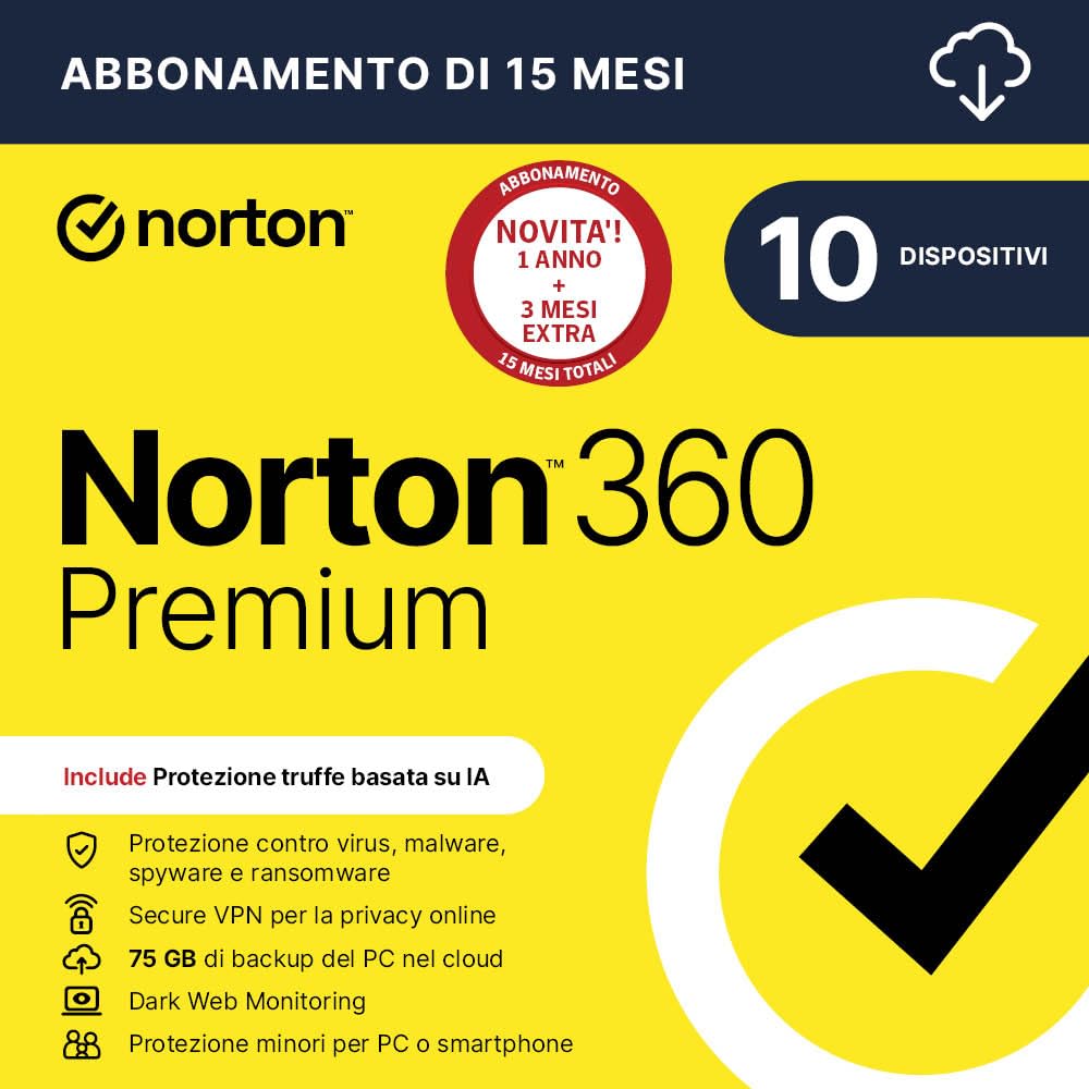 Norton 360 Premium 2025|Antivirus 10 dispositivi|15 mesi|Digital Download
