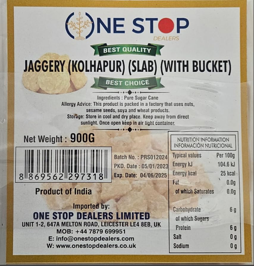 One Stop dealers Jaggery (Kolhapur) (Slab) (With Bucket) (900Gram) – Pure Natural Jaggery – Used In Sweet And Savoury Dishes – Made From Sugar Cane (Pack of 1)