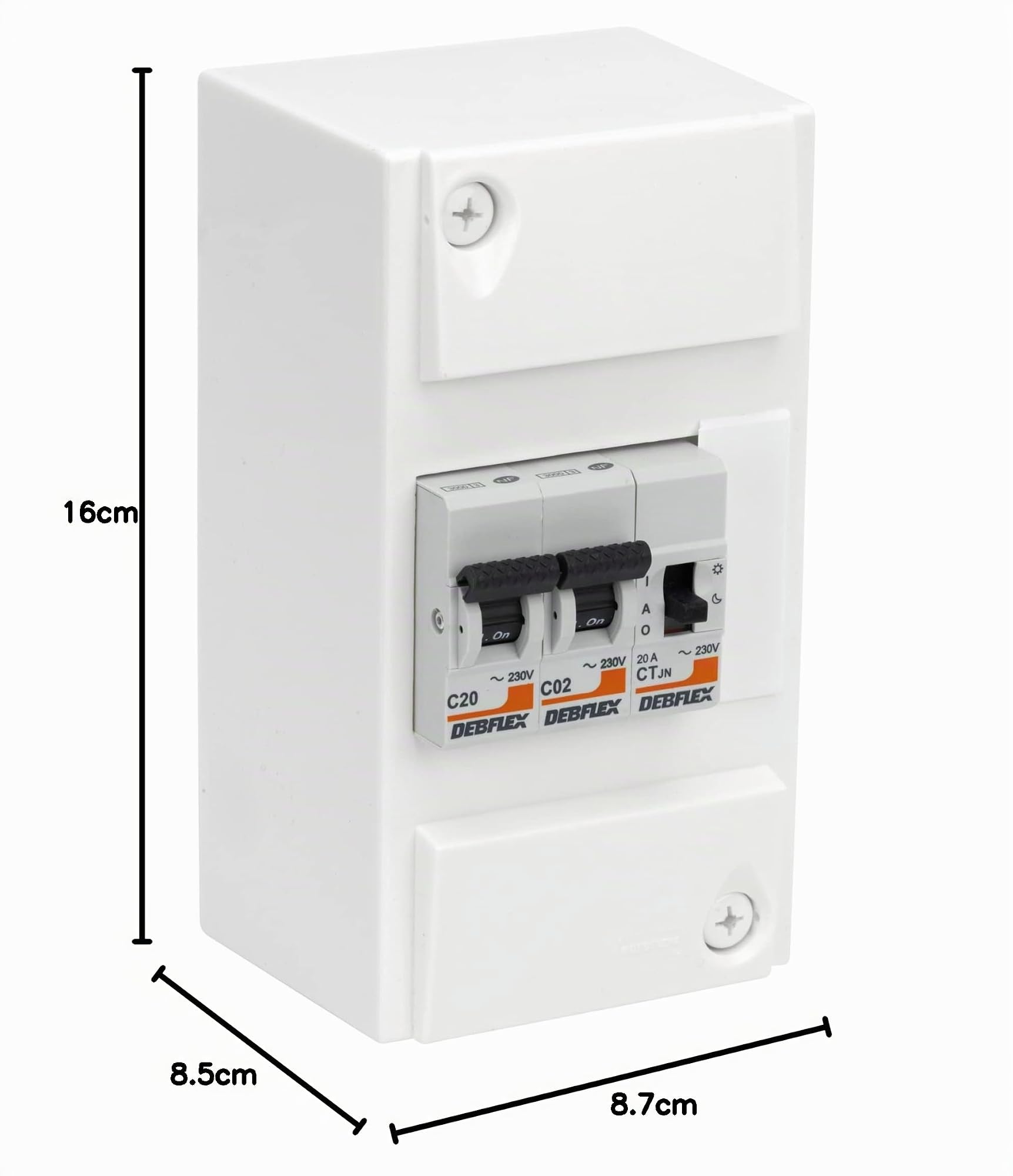 DEBFLEX - Coffret Chauffe-Eau - Tableau Electrique 1 rangée/4 Modules - 1 Contacteur Jour/Nuit Chauffe-Eau + 1 Disjoncteur 2A + 1 Disjoncteur 20A - Pose en Saillie