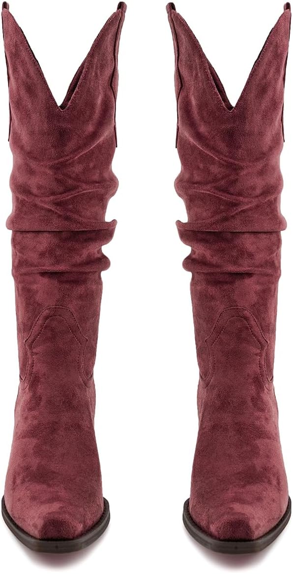 SHODENSE Western Boots Women Chunky Stacked Heel Slouch Mid Calf Boots Square Pointed Toe Pull On Suede Cowboy Cowgirl Boots 2" Mid Heels V Cut Pleated Riding Boots Tall Fall Winter Vintage 6-10 M US