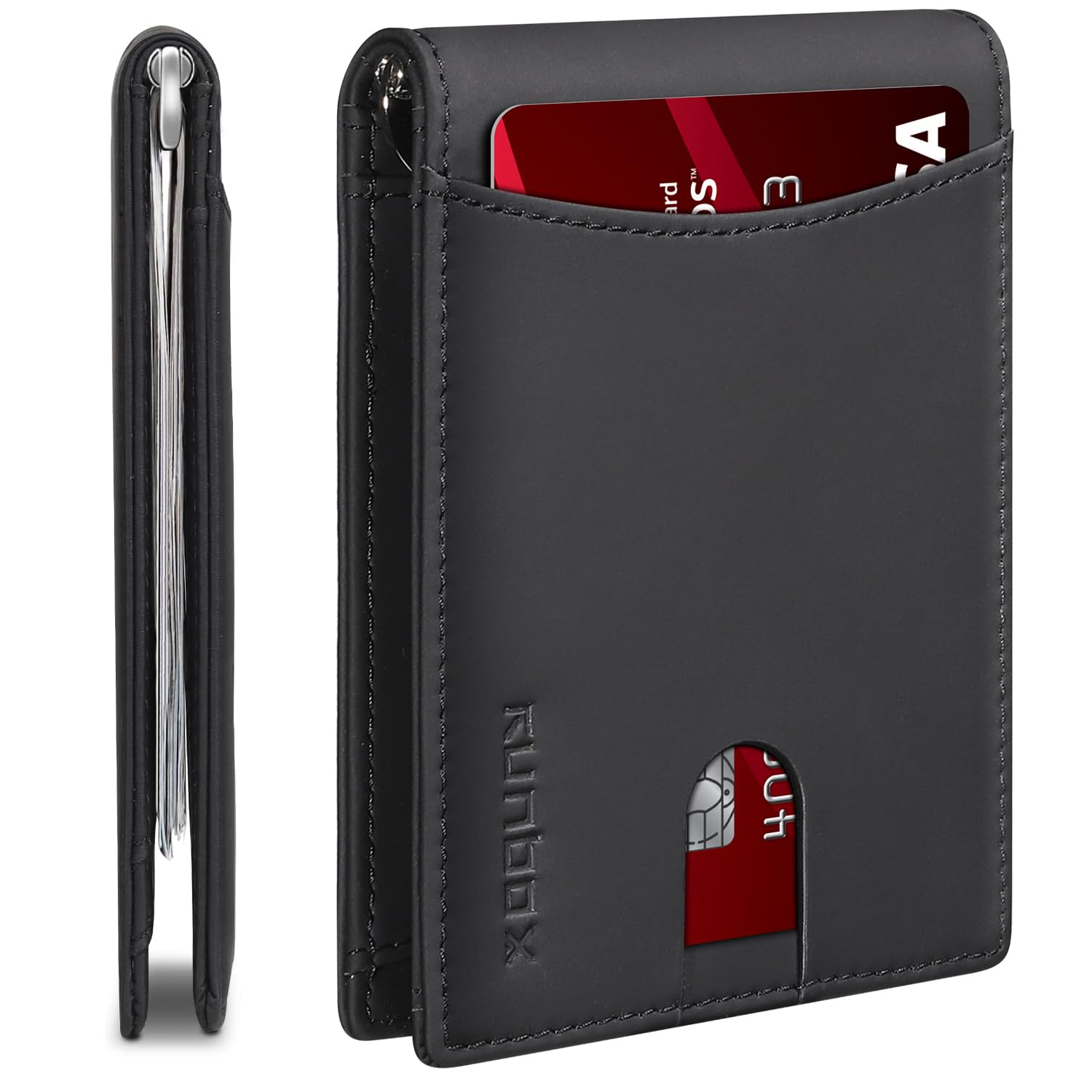 RUNBOX Slim Wallet for Men Genuine Leather RFID Blocking Bifold Minimalist Front Pocket Mens Wallet with Money Clip Thin Gift Box