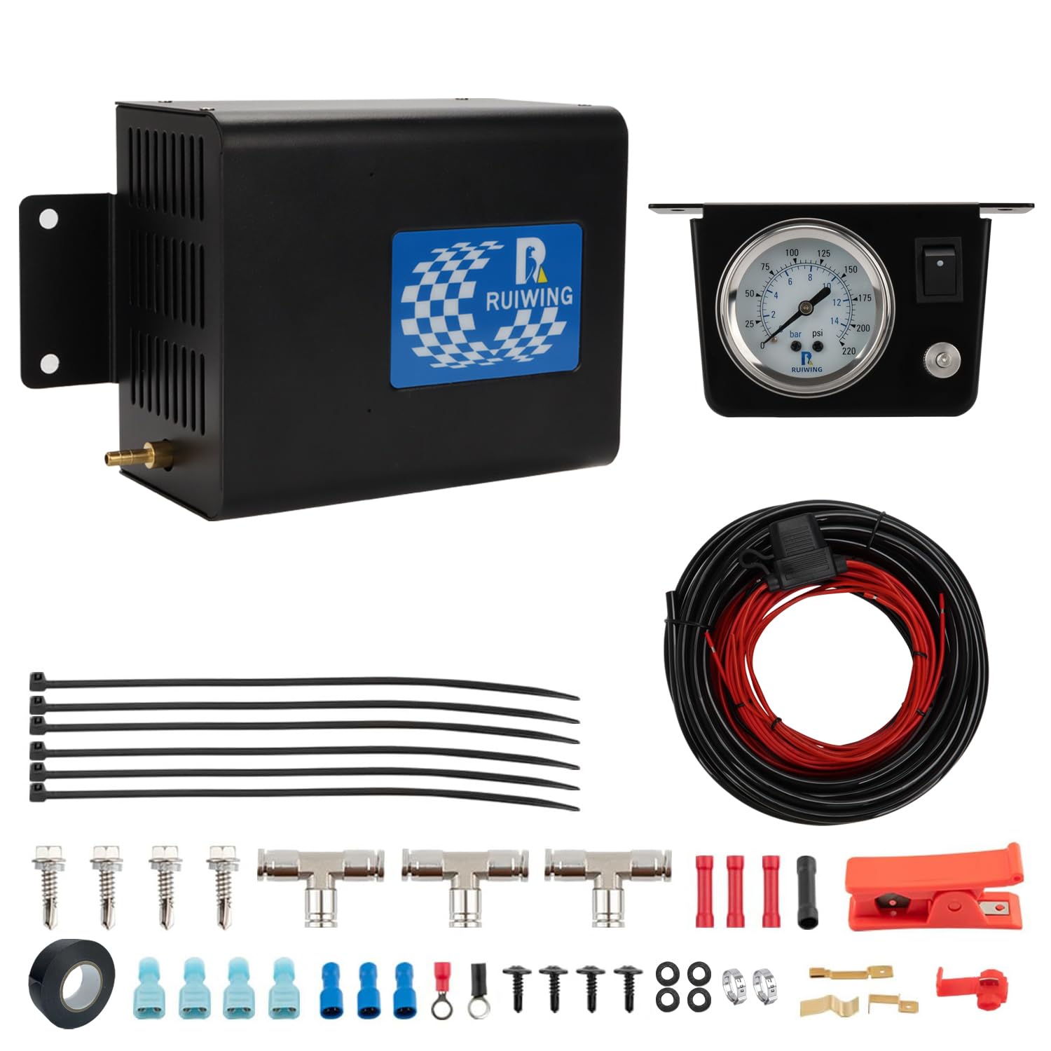 Air Bag Compressor Kit, On Board Air Compressor System with Air Ride Compressor, Pressure Gauge, Hardware and Air Line, for Truck Air Suspension