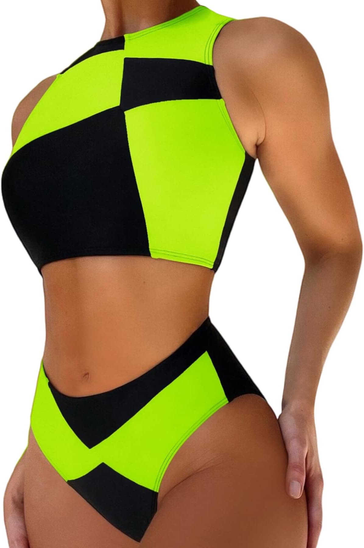 EVELUSTWomens Colorblock Shego Costume - Sexy Rave Festival Outfit Black Green Swimsuits High Neck Crop Top High Waisted Bottom Bikini Sets Adults Cosplay Halloween Costume
