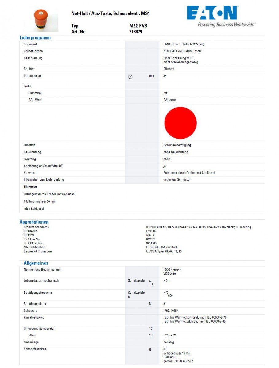 Eaton 216879 not-Halt/aus-Taste, D = 38 mm, Schlüsselentriegelt, Schließung MS1, unbeleuchtet