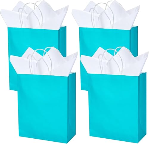 Miniatura 2 de DjinnGlory Paquete de 50 bolsas de regalo de papel verde azulado de tamaño mediano con asas y 50 papel de seda blanco para pequeñas empresas,