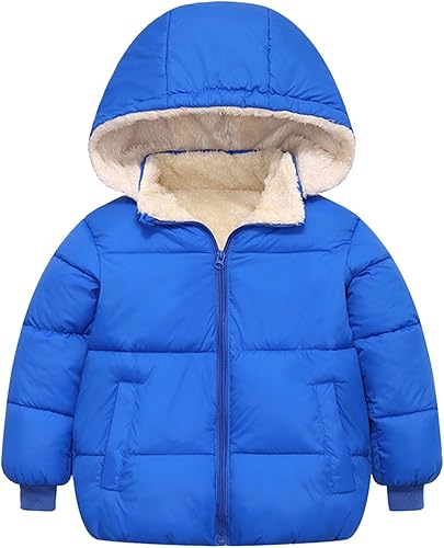 Toddler Kids Boys Girls Warm Jacket With Removable Hat Fleece Lined Sherpa Outerwear Windproof (Blue, 18-24 Months)