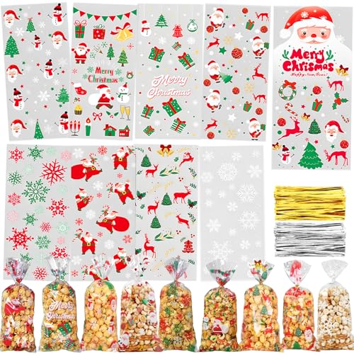 Plätzchentüten Weihnachten, 120 Stück Kekstüten Weihnachten, 9 Stile Geschenktüten Weihnachts, Cellophantüten, Weihnachtstüten zum Befüllen, Süßigkeiten Weihnachts Tüten mit Twist Krawatten