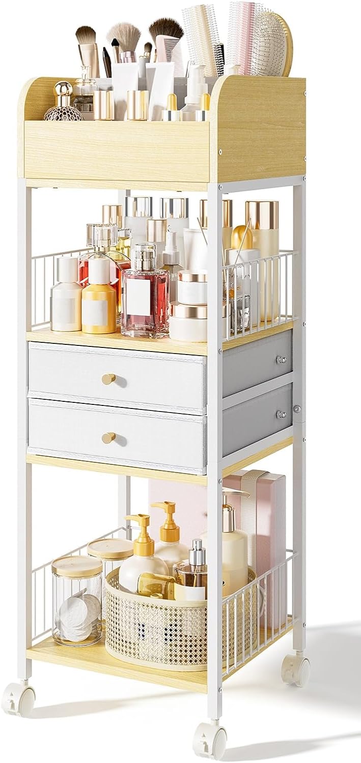 Makeup Organizer Storage Rolling Cart, Floor Bathroom Organizers with Drawers Wheels, Versatile Skincare Perfume Hair Nail Accessories Vanity Craft Organizer, for Dorm Kitchen Home White Metal Wood