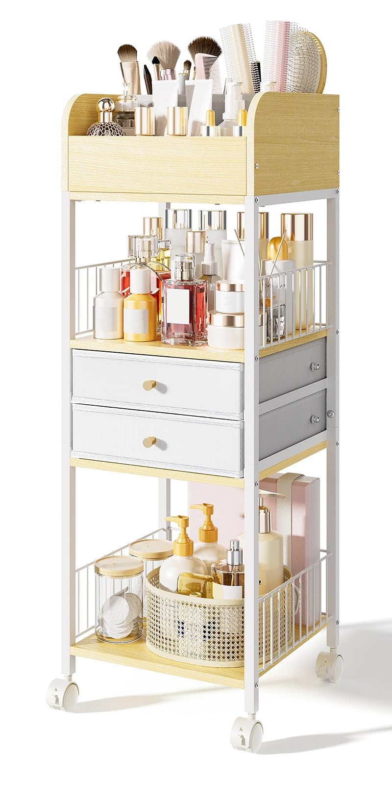 Makeup Organizer Storage Rolling Cart, Floor Bathroom Organizers with Drawers Wheels, Versatile Skincare Perfume Hair Nail Accessories Vanity Craft
