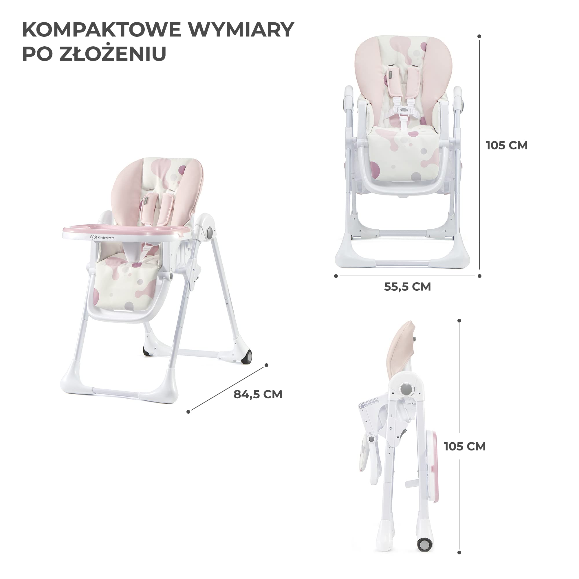 Kinderkraft Krzesełko do karmienia YUMMY, Krzesło, Zdejmowana tacka, Regulacja wysokości, Regulowane oparcie i podnóżek, Proste składanie, Łatwy w czyszczeniu, Kółka ułatwiające transport