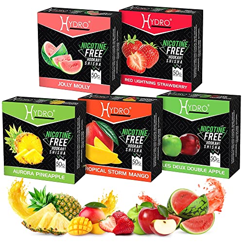 Hydro Hookah Flavors Bundle – Tobacco Free & Nicotine Free Shisha Double Apple, Strawberry, Mango, Watermelon and Pineapple Flavors – Natural, Long-Lasting, Smooth Taste, 50-Gram Packs (Pack of 5)