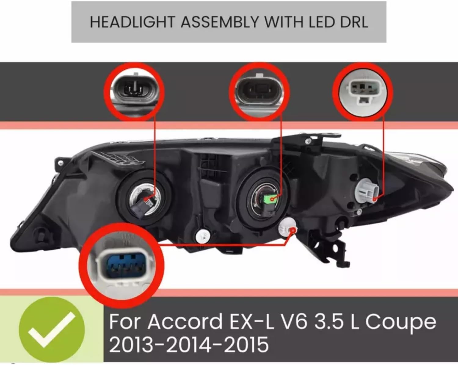 Headlight Assembly Compatible with Honda 2013-2015 Accord Coupe EX-L V6 3.5 L HALOGEN Headlight with LED DRL Included Bulbs PAIR HO2502153/HO2503153, 33150-T3L-A01/33100-T3L-A01