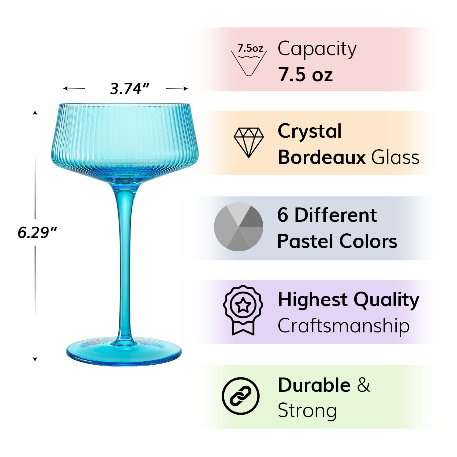 Set Of 6 Art Deco Colored Crystal Coupe Glasses - Vintage Style Rainbow Cocktail & Champagne Glasses, 9.6 Oz