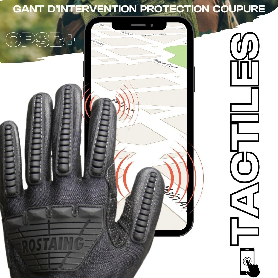 ROSTAING Guantes tácticos OPSB+ – Par de guantes de intervención reforzados – Ideal para actividades de Airsoft, Paintball y Caza – Compatible con pantallas táctiles, anticorte y protección contra