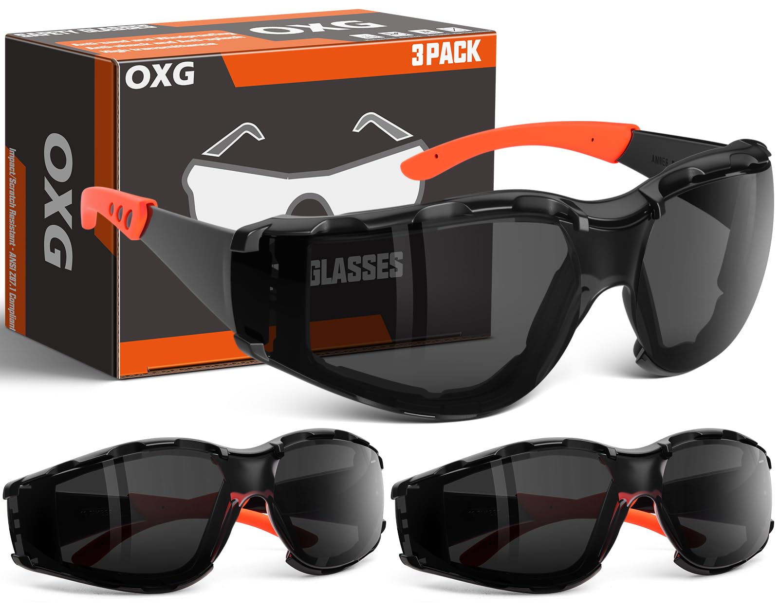OXG Anteojos de seguridad para hombre, ANSI Z87.1, antivaho, resistentes a los impactos, junta de espuma, protección UV400